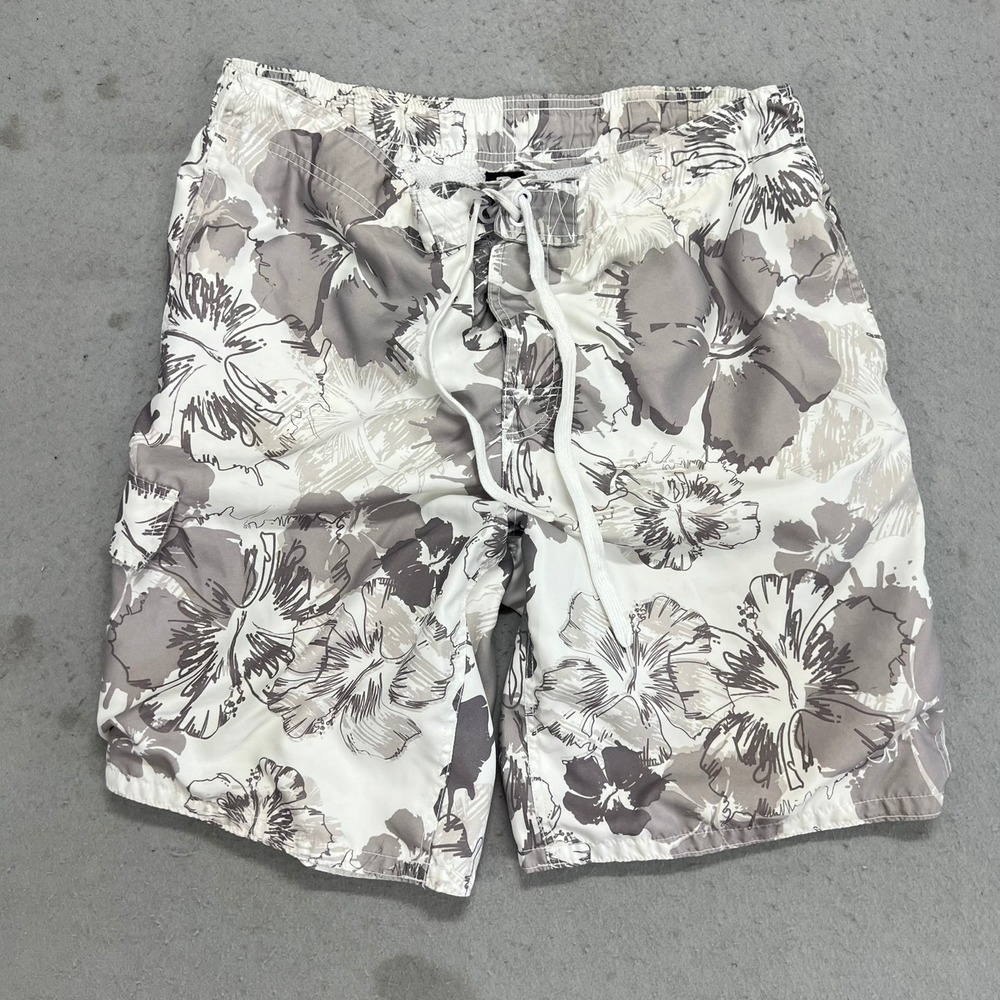 Ocean Pacific OP Hibiscus Floral Board Shorts Mens Large Grey White Swim Trunks